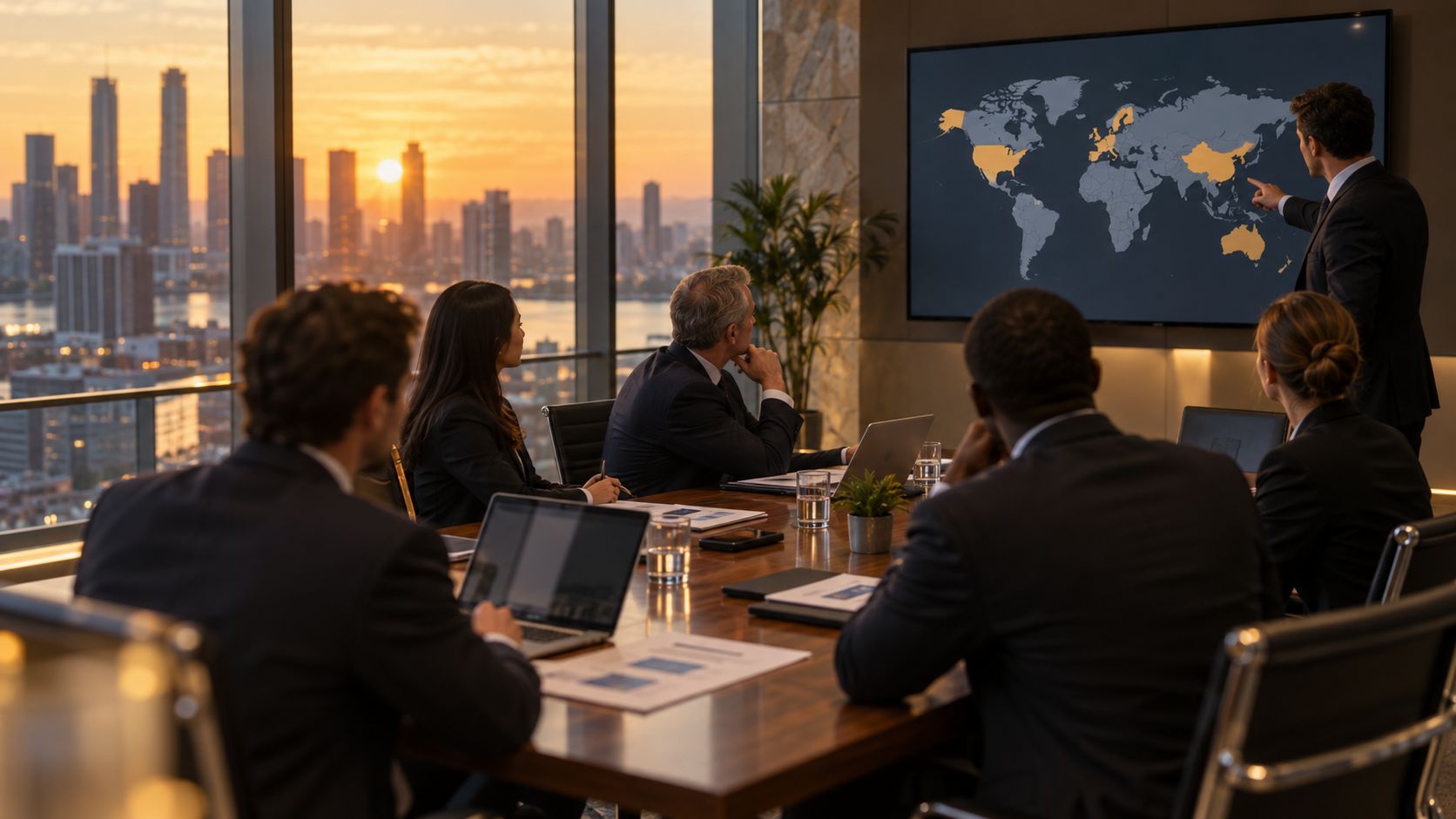 International team in a meeting room looking at a world map on a wall display at sunset